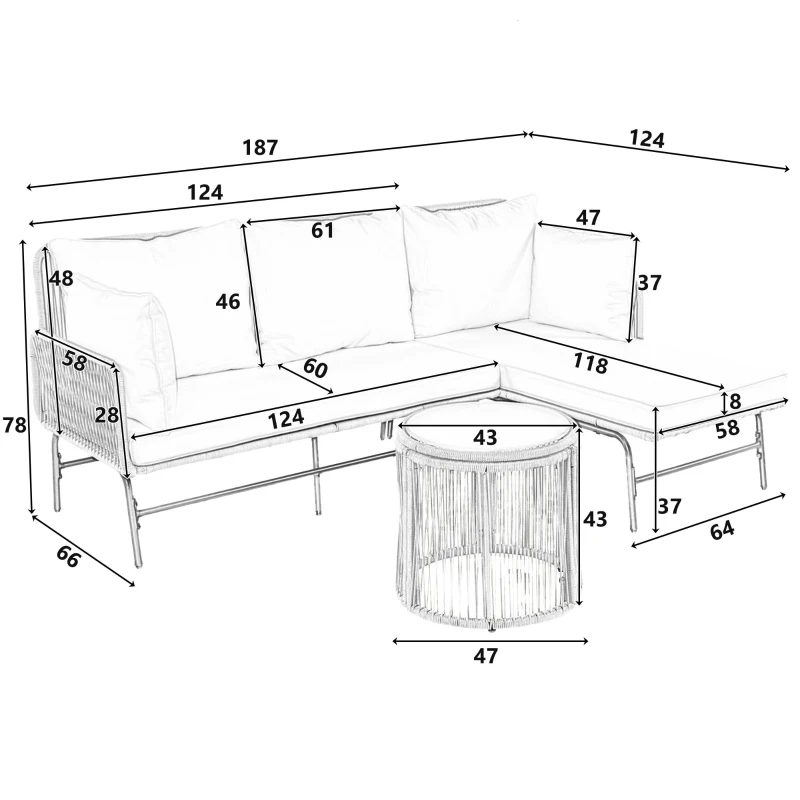 Juego de Salón de Jardín con Estructura de Hierro Revestimiento de Cuerda Tejida a Mano y Diseño en Forma de L Beige