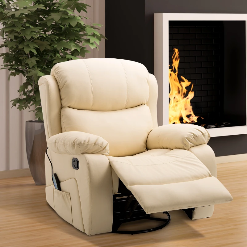 HOMCOM PU Leather Reclining Chair with 8 Massage Points and Heat, Manual Recliner with Swivel Base, Footrest and Remote, Beige