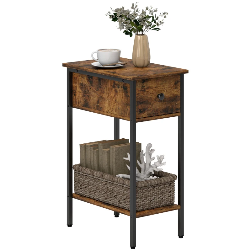 HOMCOM Narrow Side Table with Drawer and Storage Shelf - Rustic Brown