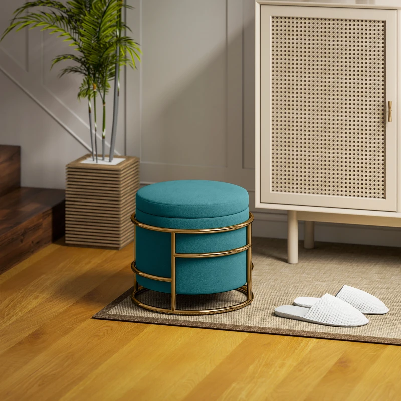 HOMCOM Pouf Contenitore Rotondo in Velluto con Vano da 24L e Coperchio Rimovibile, Ø42x39 cm, Verde