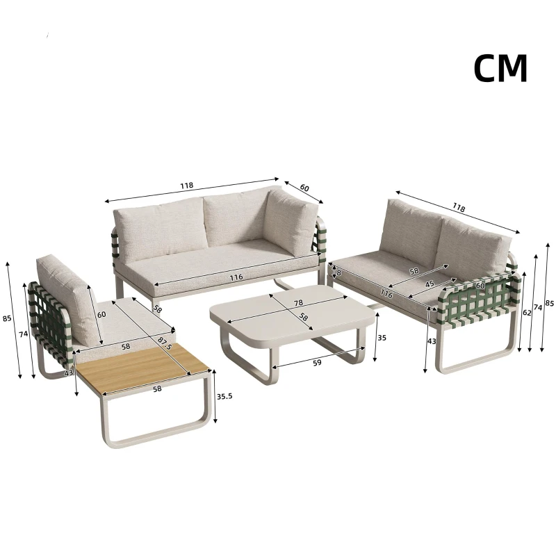 Ensemble de salon de jardin 4-5 places, ensemble de meubles de jardin en cuir vert et rotin avec table en verre trempé, Abricot(m-3)