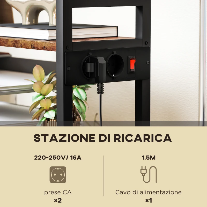 HOMCOM Carrello Porta Stampante a 4 Livelli con Prese di Corrente, Ruote e Telaio in Metallo, 55x37.5x100 cm, Marrone