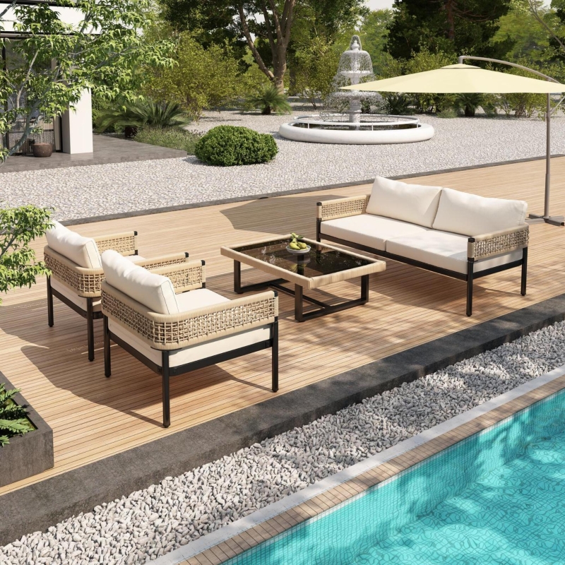 Salon de Jardin Canapé 2 Places avec 2 Fauteuils et Table • Kit-M