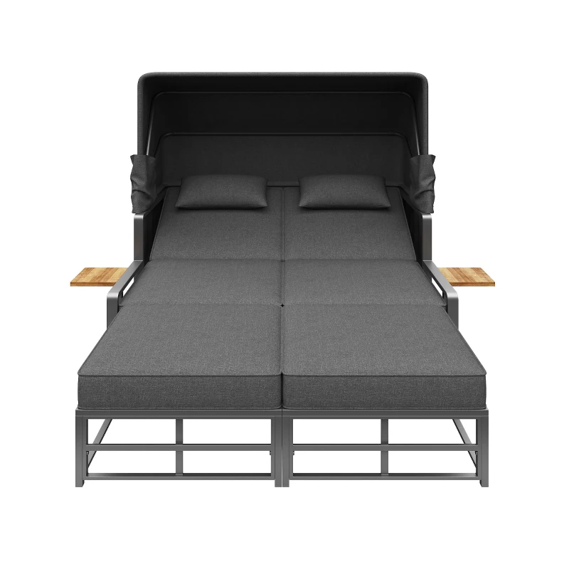 Set da giardino per 2-4 persone, set di lettini prendisole con tetto pieghevole, 130x178x127 cm, Grigio scuro