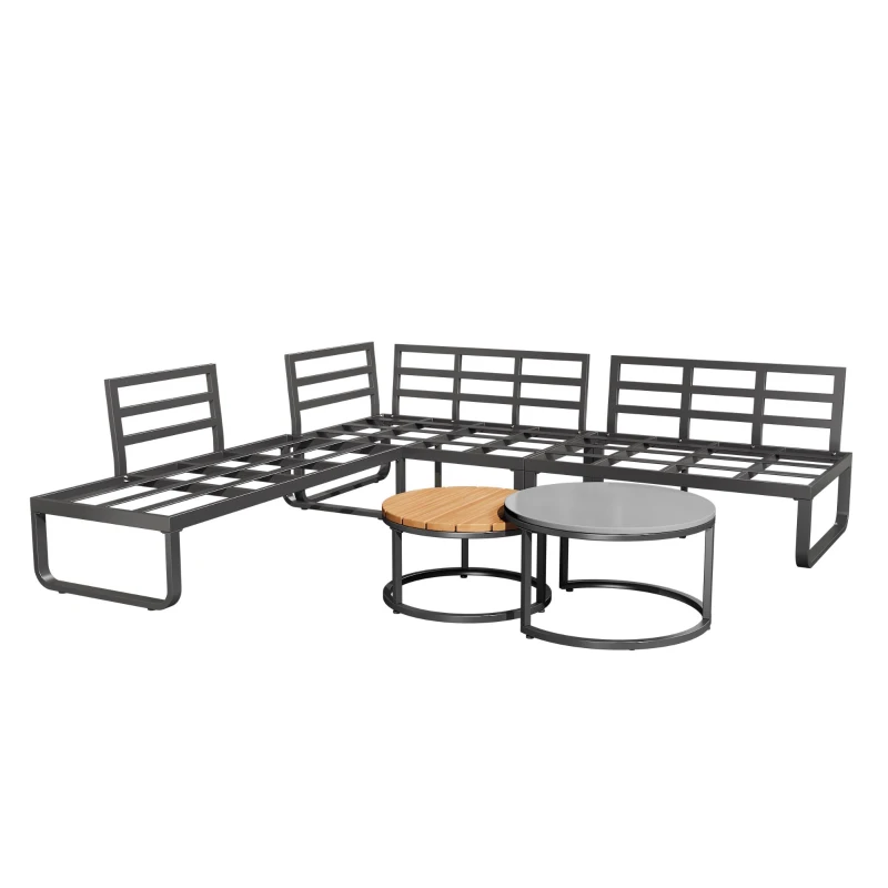 Ensemble de meubles de jardin pour 4-5 places assises, 2 tables basses intégrées, coussins de siège confortables et oreillers, Gris