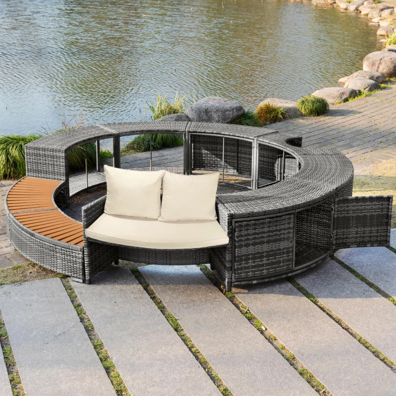 Ensemble de salon de jardin avec canapé rond, pieds réglables, coussins inclus, pour piscine, Gris(m-6)