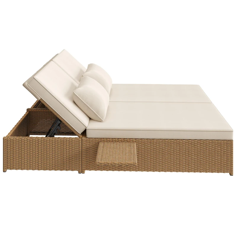 Lit double de jardin extérieur, chaise longue en rotin avec dossier réglable et coussins amovibles, 199x120x37 cm, Blanc