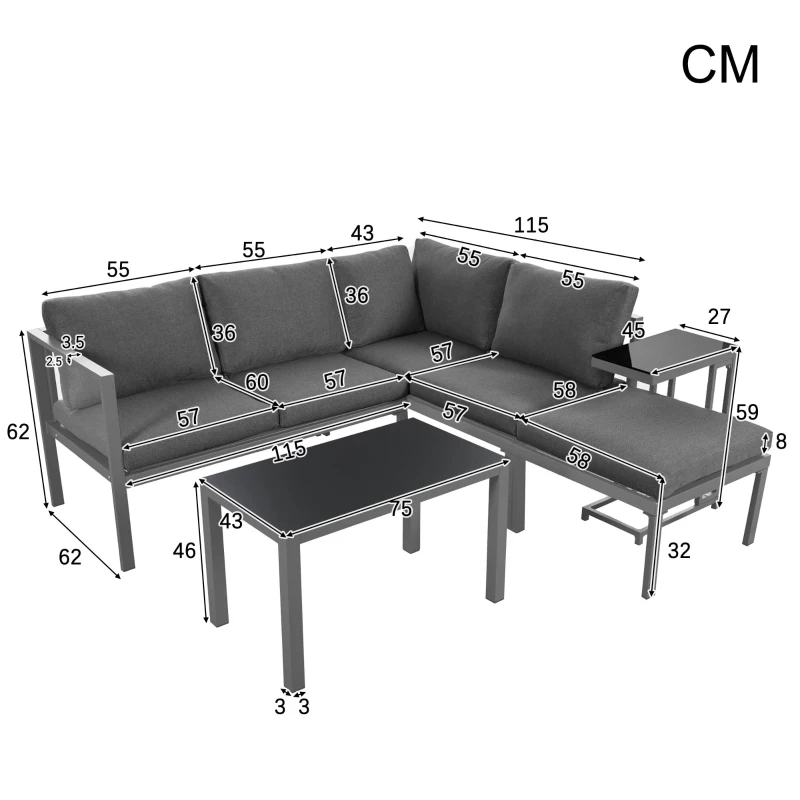 Ensemble de fauteuils de jardin pour 4 à 5 personnes, mobilier de jardin avec table d'appoint et table basse, 5 pièces, Gris