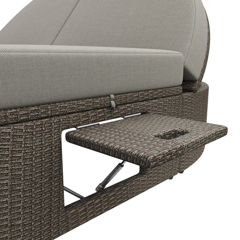 Rattan Doppel-Liege für 2 Personen, Outdoor Tagesbett mit verstellbarer Rückenlehne und seitlichem Regal, 199,9 x 140,5 x 41,9 cm, Grau