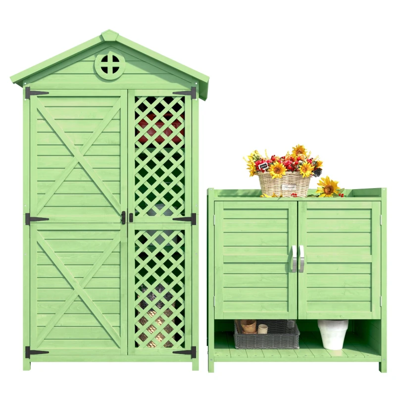 Holz-Gartenschrank Größe groß mit offenem und geschlossenem Regal, Grün