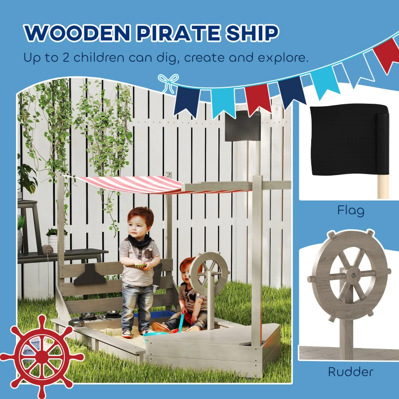 Outsunny Zandbak met Zonnedak in Piratenschip Stijl, Inclusief Keukenspeelset voor Kinderen, Massief Hout, 180 x 103 x 144,5 cm, Grijs