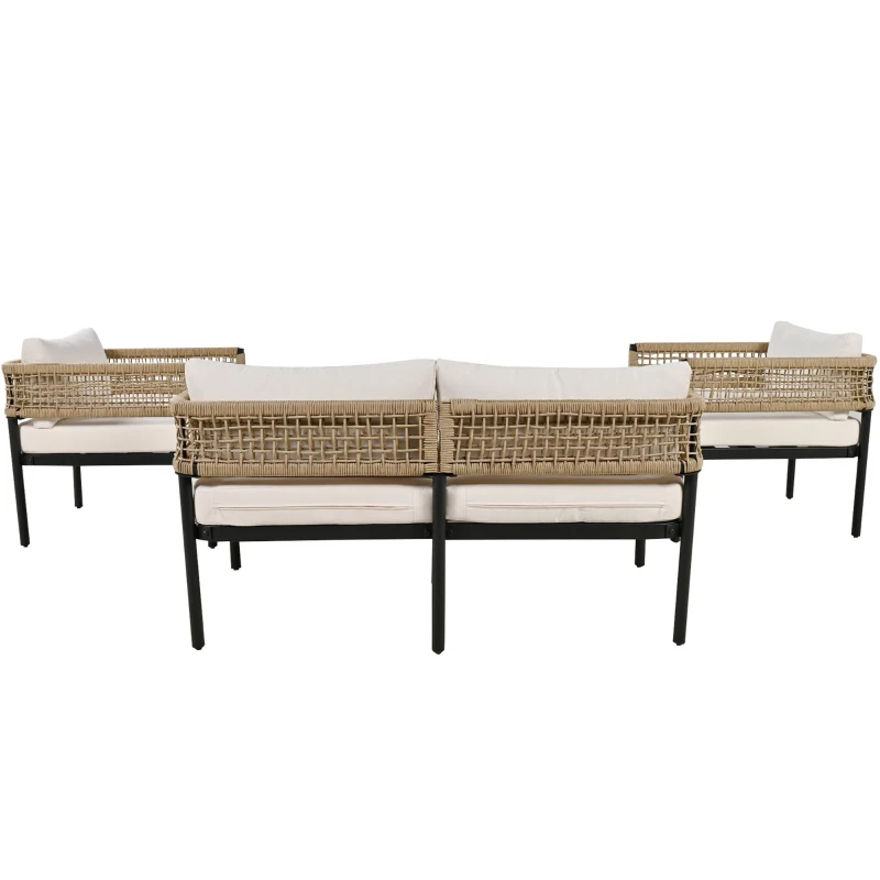 Ensemble de mobilier de jardin 4 pièces avec corde, canapé deux places, 2 fauteuils individuels et table basse, Beige