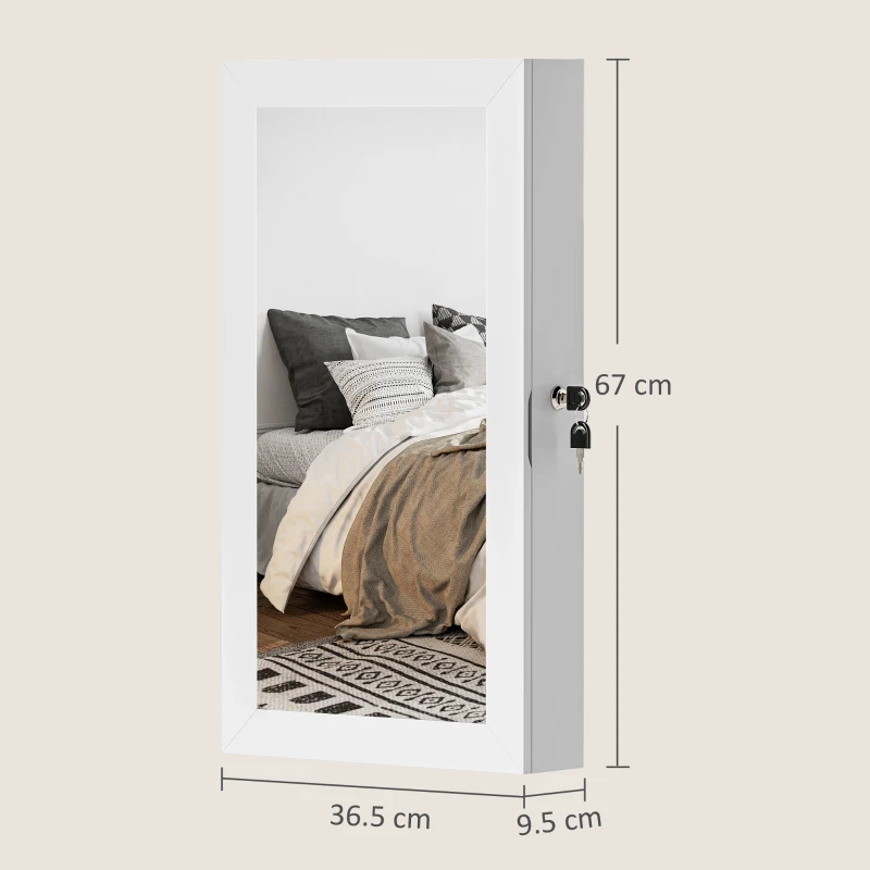 HOMCOM Mobiletto Portagioie a Specchio con Design a Muro e 2 Chiavi di Sicurezza, in Legno, 36.5x9.5x67 cm, Bianco