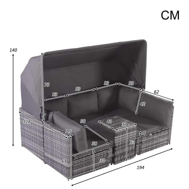 Conjunto de Muebles de Jardín de Ratán Isla de Sol con Sofá Sillones Taburete y Mesa Gris
