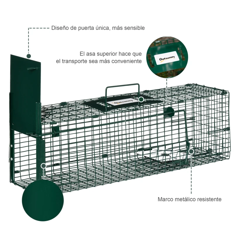 Outsunny Trampa para Animales Vivos con Puerta Jaula de Captura Metálica con Asa para Conejos Visones Pequeños 60x18x20 cm Verde Oscuro