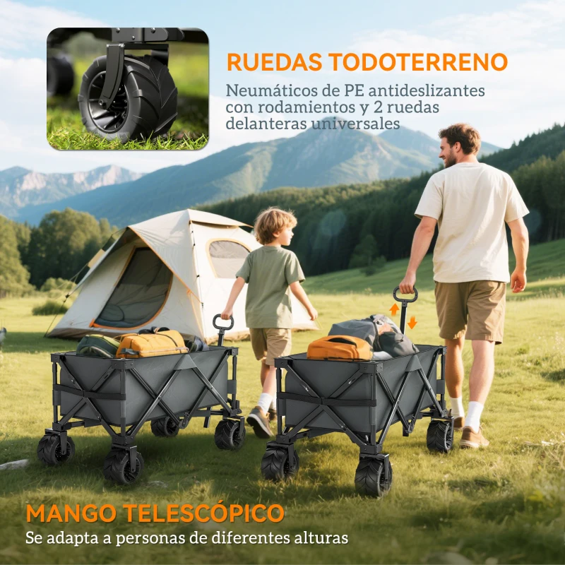 Outsunny Carro de Jardín Plegable Carga 70 kg con Ruedas Delanteras Giratorias 360° y Altura del Manillar Ajustable Gris Oscuro