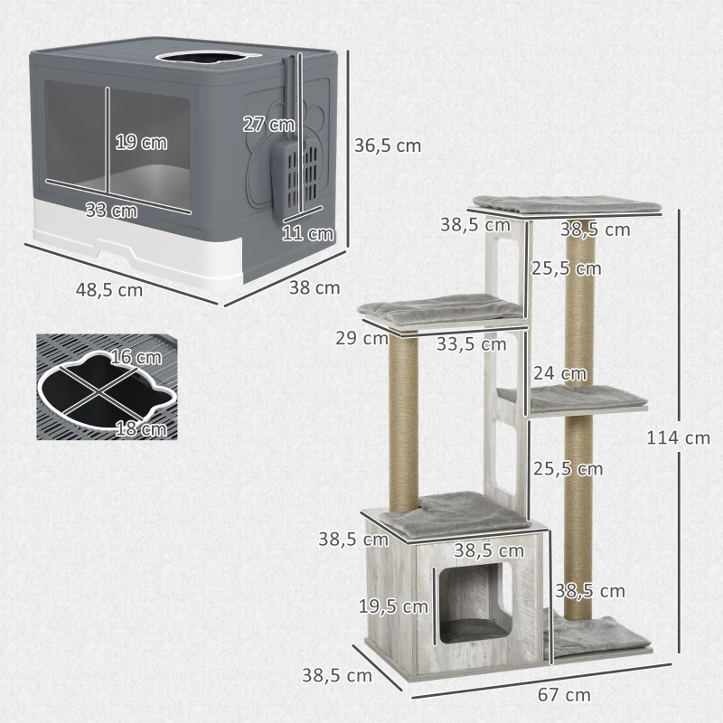 PawHut Conjunto para Gatos com Arranhador para Gatos 114 cm com Múltiplas Plataformas e Caixa de Areia Coberta Cinza