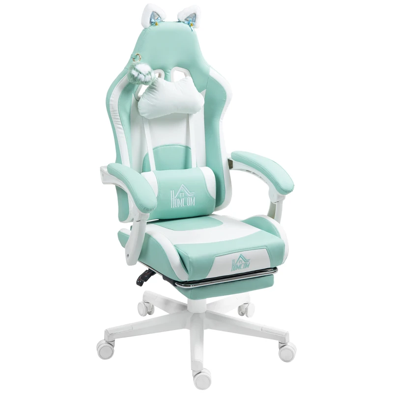 HOMCOM Cat Ear and Paw Reclining Office Chair, with Footrest - Light Blue/White