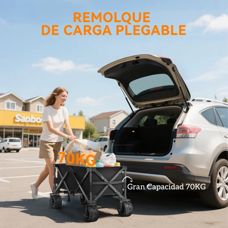 Outsunny Carro de Playa Plegable con Ruedas Delanteras Giratorias 360° y Asa Telescópica 108x55x55 cm Negro