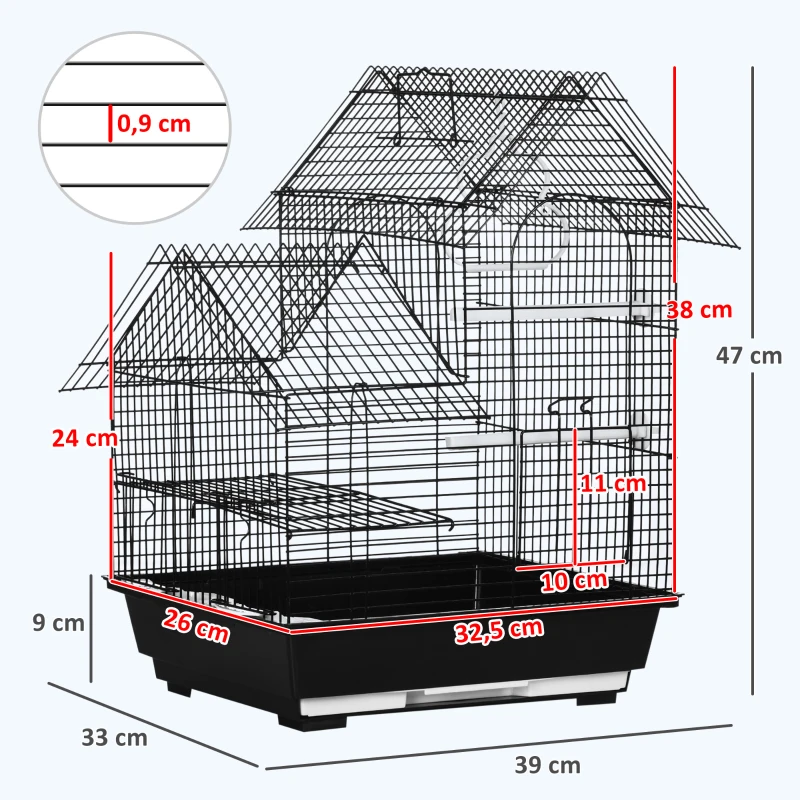 PawHut Gaiola para Pássaros 39x33x47cm com 3 Portas 2 Comedouros 2 Poleiros Baloiço Bandeja Amovível e Alça de Transporte Preto