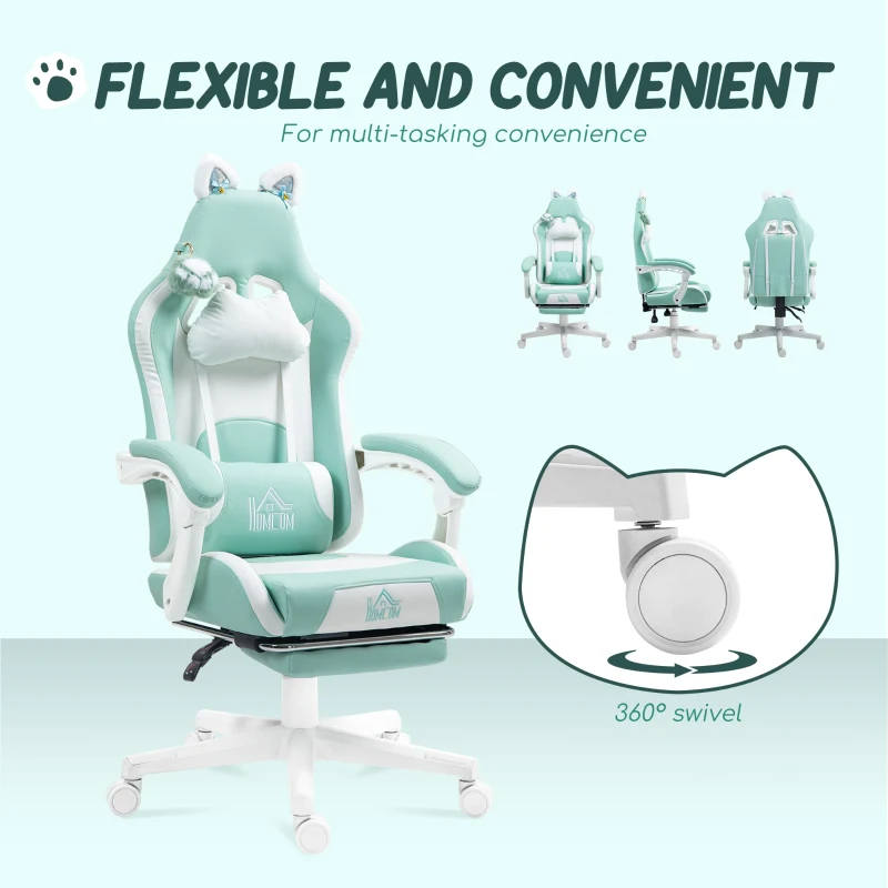 HOMCOM Cat Ear and Paw Reclining Office Chair, with Footrest - Light Blue/White