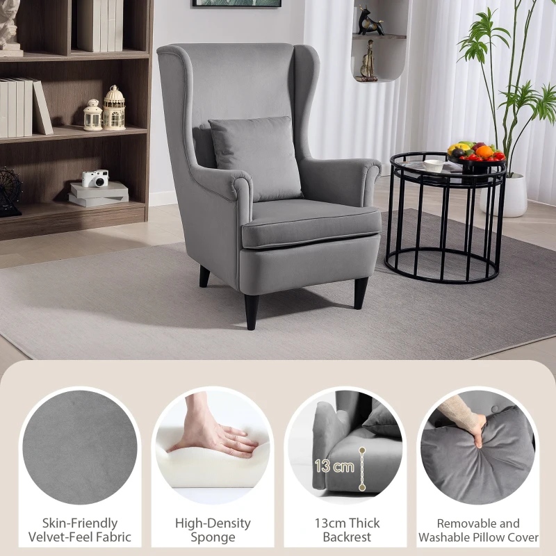HOMCOM Modern Accent Chair, Upholstered Wingback Armchair with High Backrest and Pillow, Velvet-Feel Fabric Reading Chair with Solid Wood Legs for Living Room, Bedroom, Home Office, Dark Grey