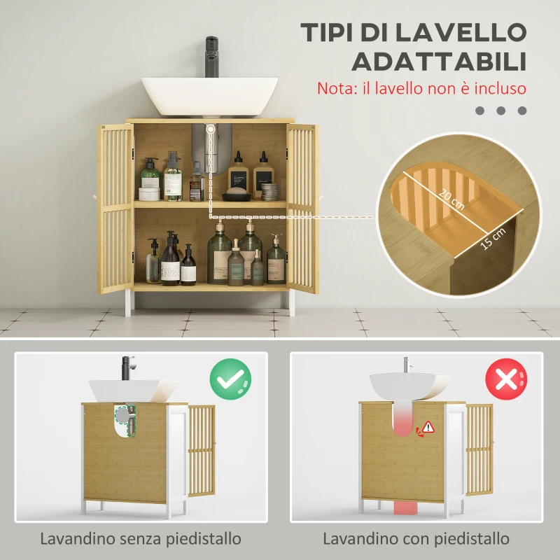HOMCOM Mobile Sottolavabo Bagno con 2 Ante a Doghe in Legno di Bambù e MDF con Intaglio a U, 60x30x70cm, Bianco