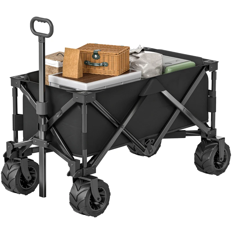 Outsunny Carro de Playa Plegable con Ruedas Delanteras Giratorias 360° y Asa Telescópica 108x55x55 cm Negro