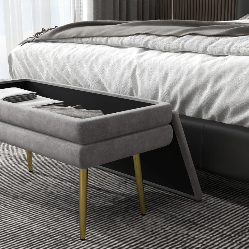 HOMCOM Banc banquette coffre de rangement 2 en 1 assise aspect velours et pieds acier - 79,5L x 37,5P x 43H cm gris et doré