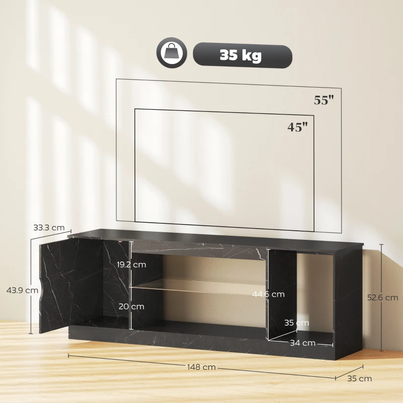 HOMCOM TV Stand Cabinet, Marble Effect TV Unit for up to 55" TVs with Glass Shelf and Storage Cabinet, Entertainment Unit for Living Room, Bedroom, Black