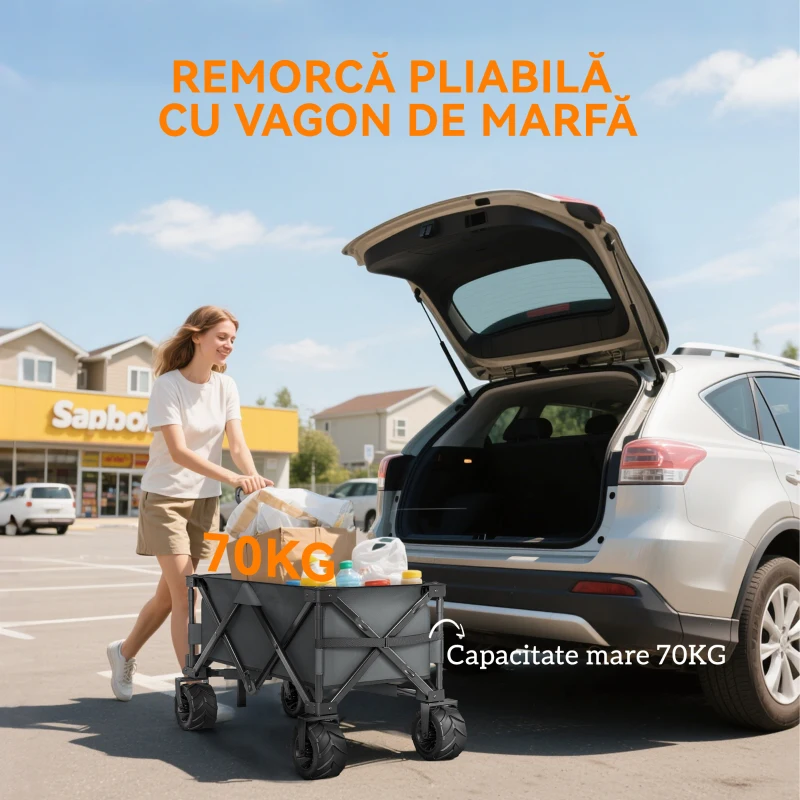Outsunny Cărucior de Grădină, Încărcare Maximă 70 kg, 4 Roți, Cărucior de Plajă Pliabil din Oțel și Material Oxford cu Mâner Telescopic Reglabil, pentru Grădină și Camping, 108x55 cm, Gri