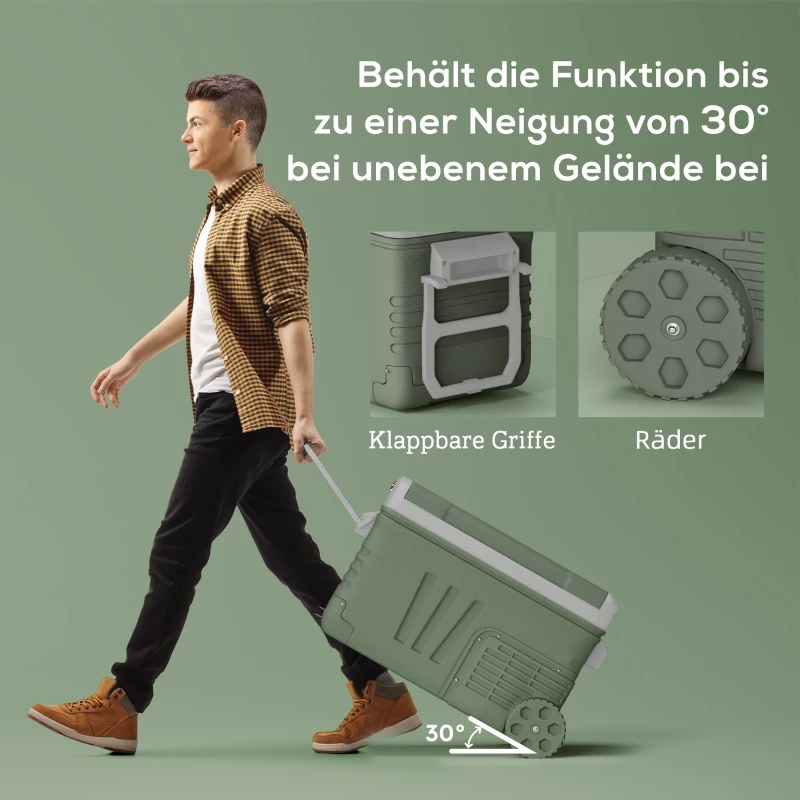 Outsunny Frigorifero da Campeggio da 33 L, Frigo da Viaggio, Frigo Portatile con 2 Scomparti e Ruote, Plastica, Verde