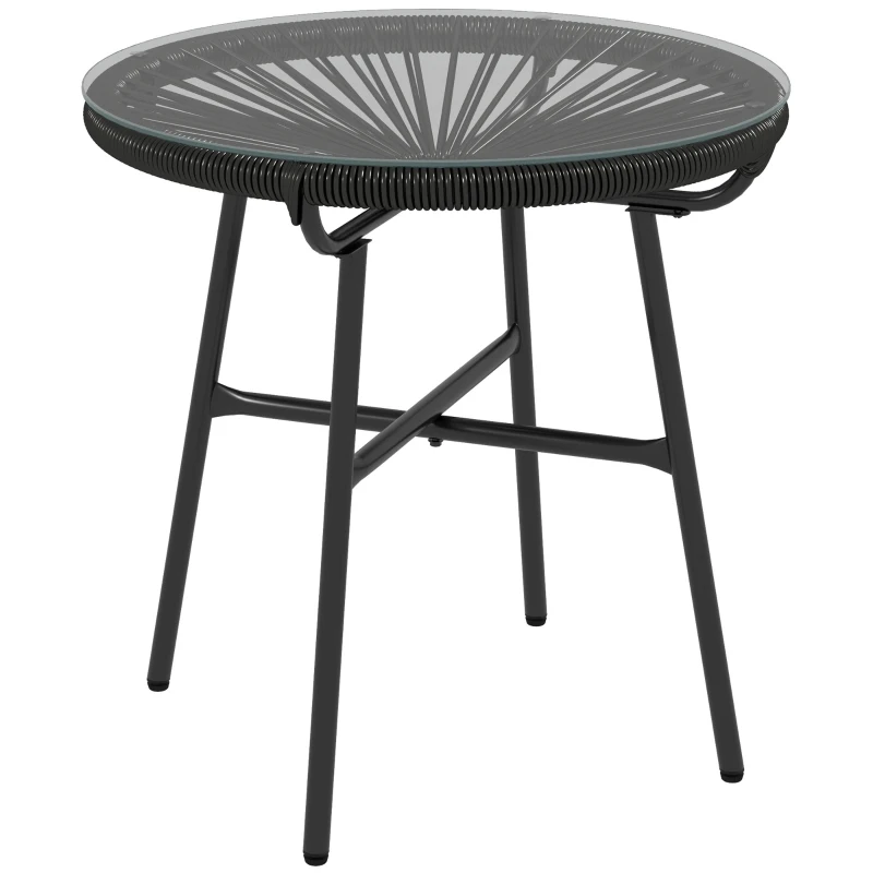 Outsunny Tavolino da Giardino in Stile Boho in Rattan PE, Superficie in Vetro Temperato, 50x50x50 cm, Nero