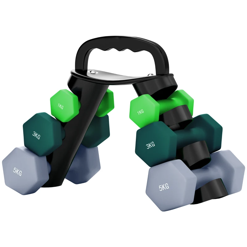 SPORTNOW Dumbbells Set with Storage Rack, 2 x 1kg, 2 x 3kg, 2 x 5kg, Green