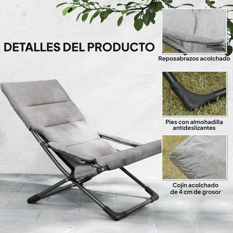 Outsunny 2 en 1 Silla de Camping Plegable Silla de Jardín Portátil con Cojín Acolchado Extraíble y Reposabrazos Marco de Acero para Terraza Playa Exterior 66x94x79 cm Gris