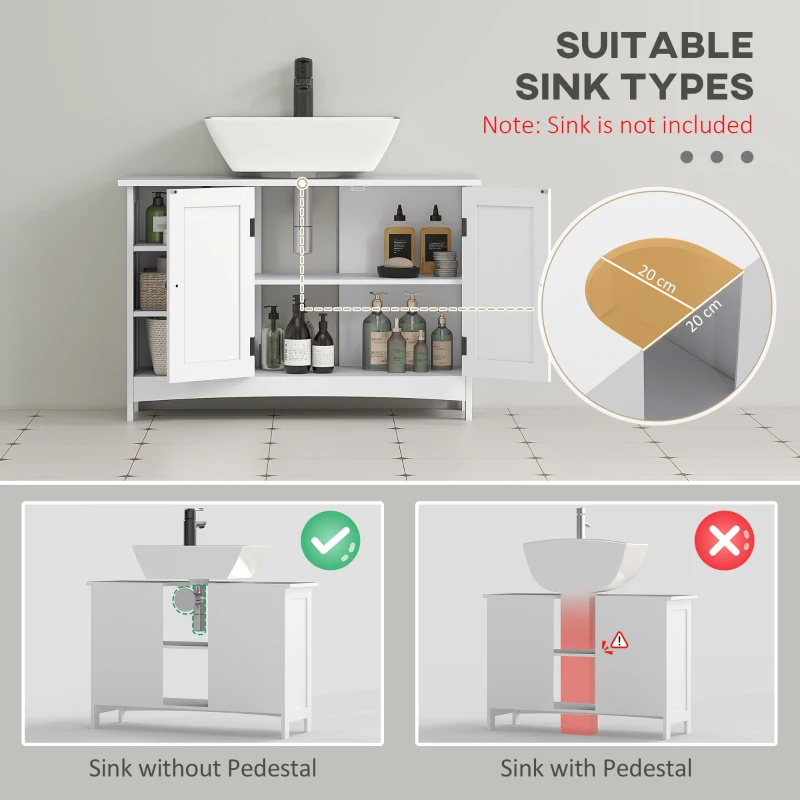 kleankin Dulap Rustic Alb pentru Sub Chiuveta – 2 Usi si Rafturi(m-4)