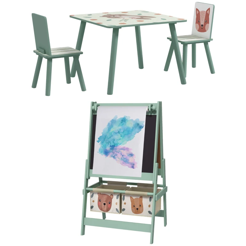 ZONEKIZ Conjunto para Crianças Inclui 1 Mesa com 2 Cadeiras Infantis e 1 Cavalete 3 em 1 com Cestos de Armazenamento Desenho de Animais Verde