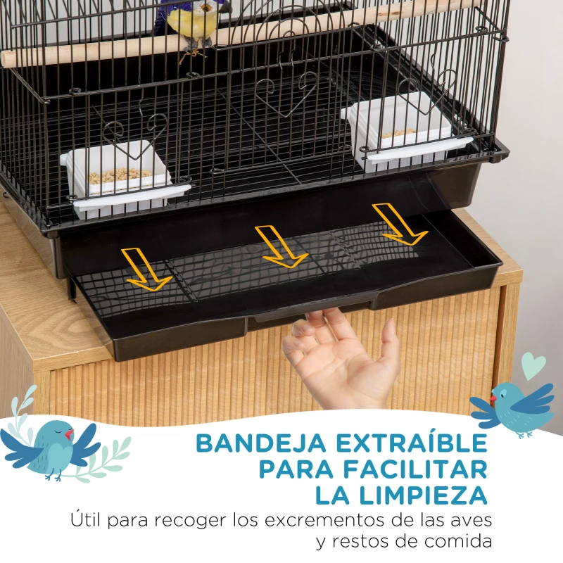 PawHut Jaula para Pájaros de Acero Pajarera con Bandeja Extraíble y 2 Comederos Pinzones Periquitos 50,5x41x63 cm Negro