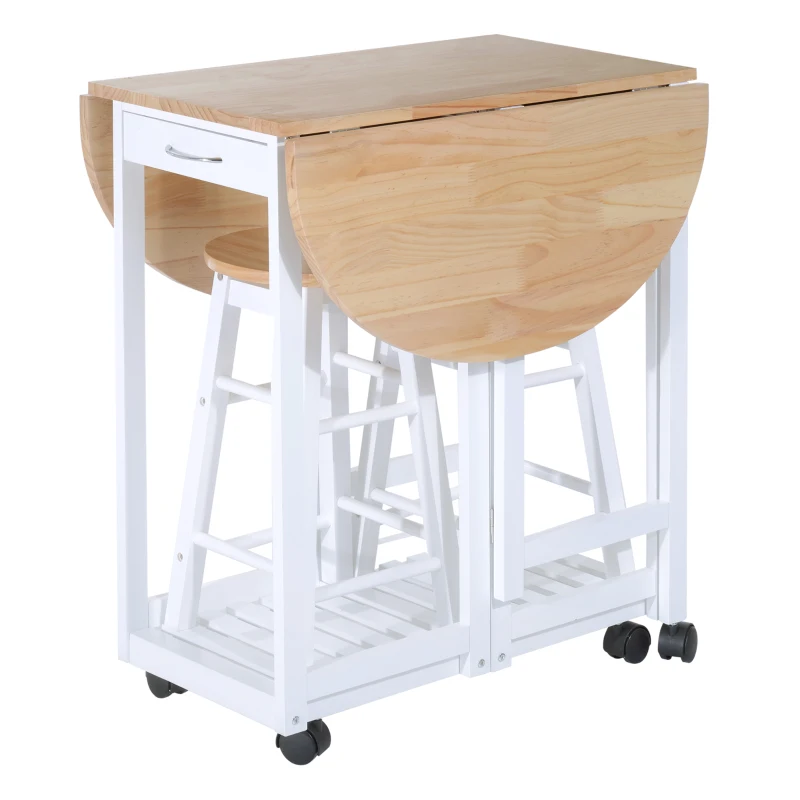 HOMCOM Pine Wood 3-Piece Compact Folding Dining Table with Stools White