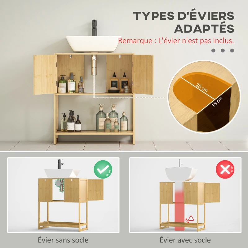 HOMCOM Meuble sous lavabo salle de bain en bambou et MDF meuble sous vasque 2 portes et 1 étagère - 70L x 33l x 79,5H cm