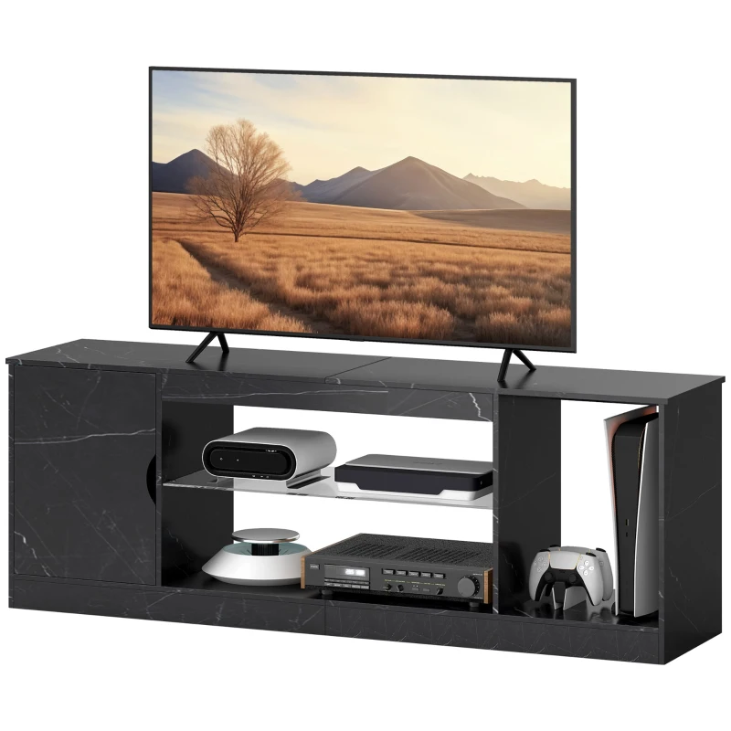 HOMCOM TV Stand Cabinet, Marble Effect TV Unit for up to 55" TVs with Glass Shelf and Storage Cabinet, Entertainment Unit for Living Room, Bedroom, Black