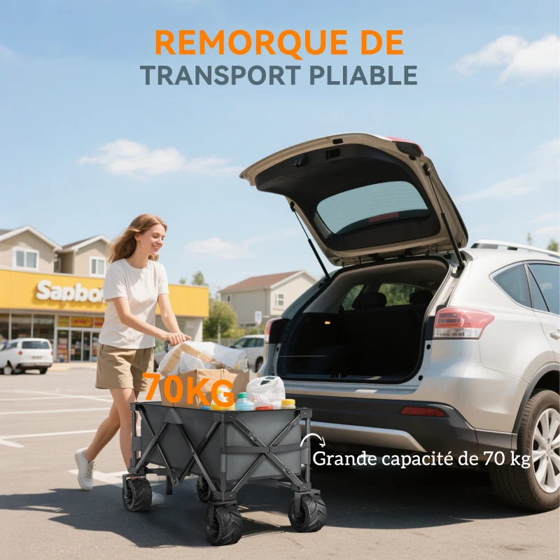 Outsunny Chariot à roulettes pliable chariot de transport à roulettes charge 70 kg poignée télescopique 108 x 55 cm gris foncé