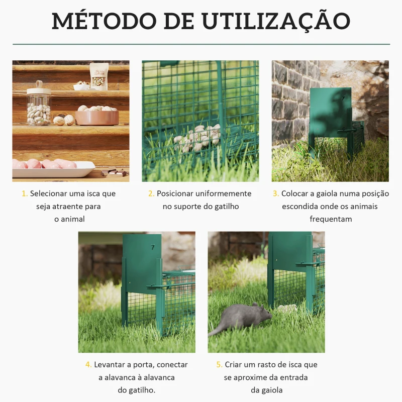 Outsunny Armadilha para Animais Vivos com Porta Gaiola de Captura com Alça de Transporte para Coelhos Raposas Pequenas 60x18x20cm Verde Escuro