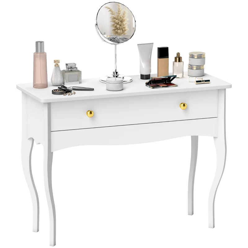 HOMCOM Tavolo Toeletta Elegante con Ampio Cassetto Portaoggetti, in Legno, 100x40x74 cm, Bianco