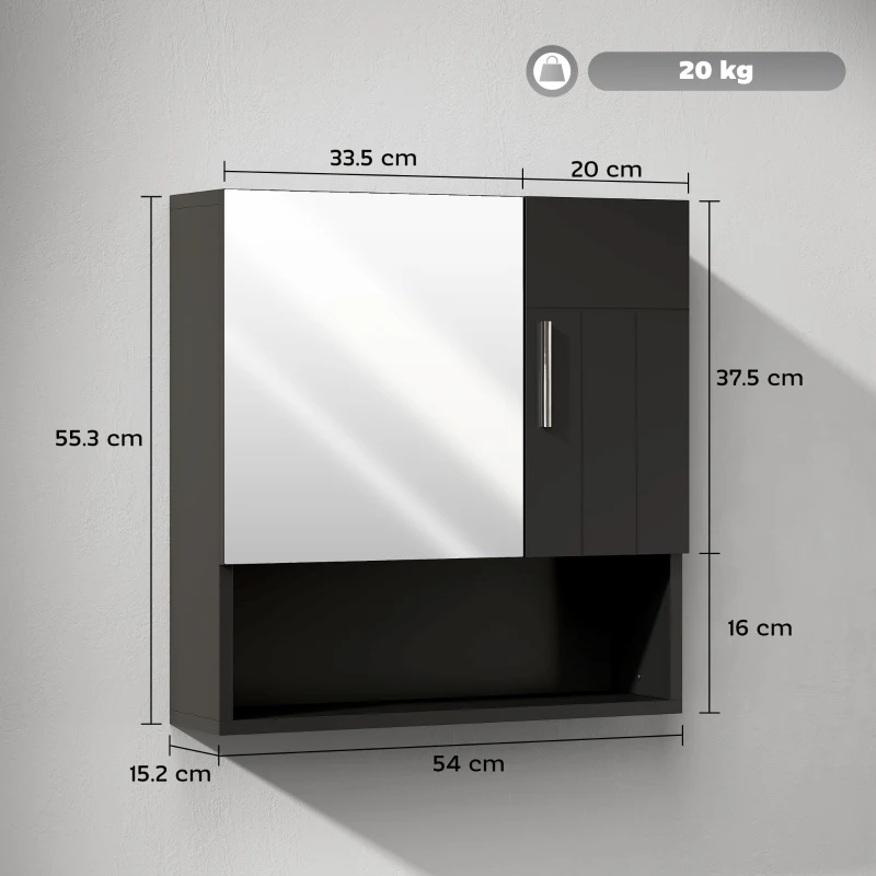 kleankin Armadietto Specchiera Bagno in Legno con Mensole Regolabili e Ripiano Aperto, 54x15.2x55.3 cm, Nero