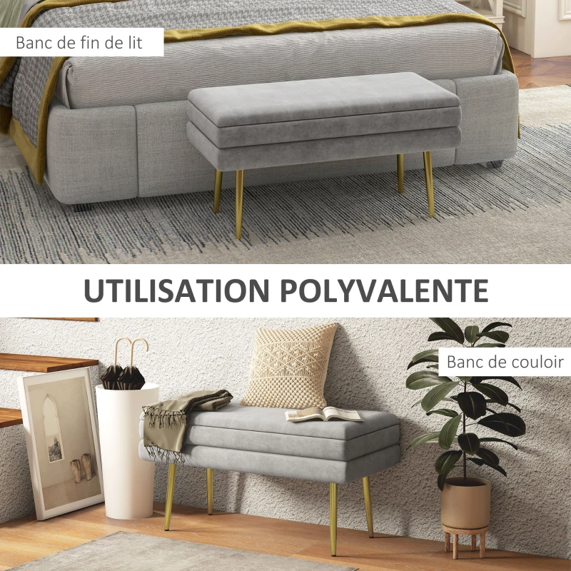 HOMCOM Banc banquette coffre de rangement 2 en 1 assise aspect velours et pieds acier - 79,5L x 37,5P x 43H cm gris et doré