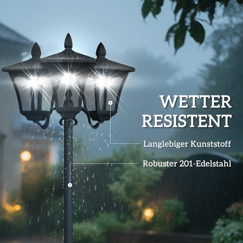Outsunny Solar Gartenlaterne mit 3 flammig Laterne Mast aus Edelstahl Solarlaterne mit LED 120 Lumen 51,5x47x182,5cm Wegeleuchte IP44 für Garten Balkon Schwarz