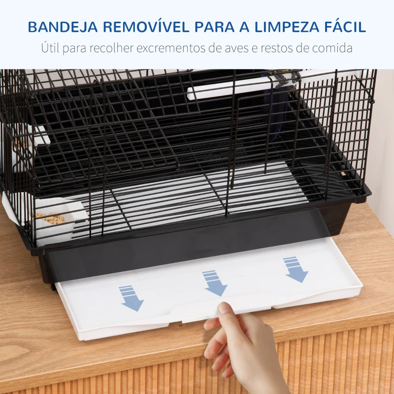PawHut Gaiola para Pássaros 39x33x47cm com 3 Portas 2 Comedouros 2 Poleiros Baloiço Bandeja Amovível e Alça de Transporte Preto