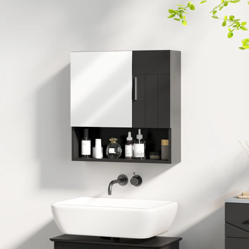kleankin Armadietto Specchiera Bagno in Legno con Mensole Regolabili e Ripiano Aperto, 54x15.2x55.3 cm, Nero