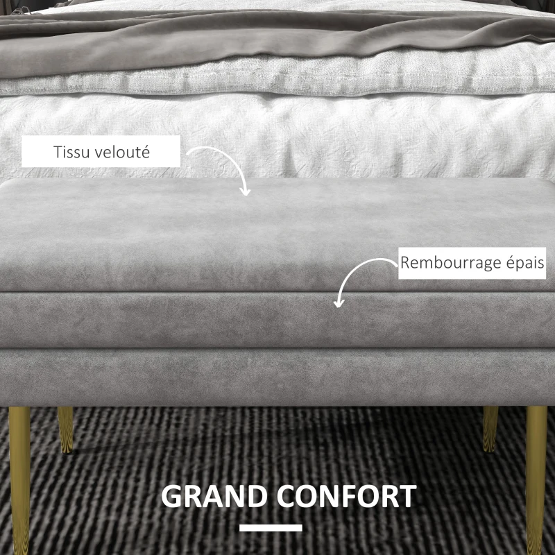 HOMCOM Banc banquette coffre de rangement 2 en 1 assise aspect velours et pieds acier - 79,5L x 37,5P x 43H cm gris et doré